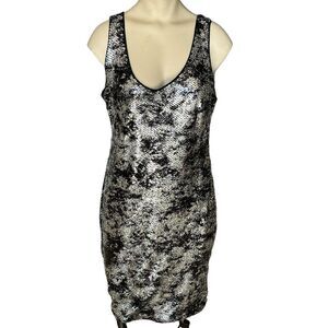 Vintage Soprano Lined Dress Sequins‎ Fashion Black Silver Women's L Made In USA